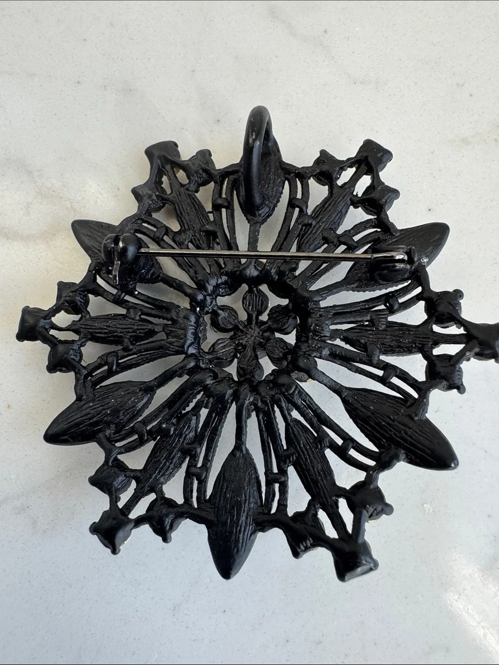 Vintage Glam Black Metal & Clear Rhinestone Starburst Flower Brooch edgy